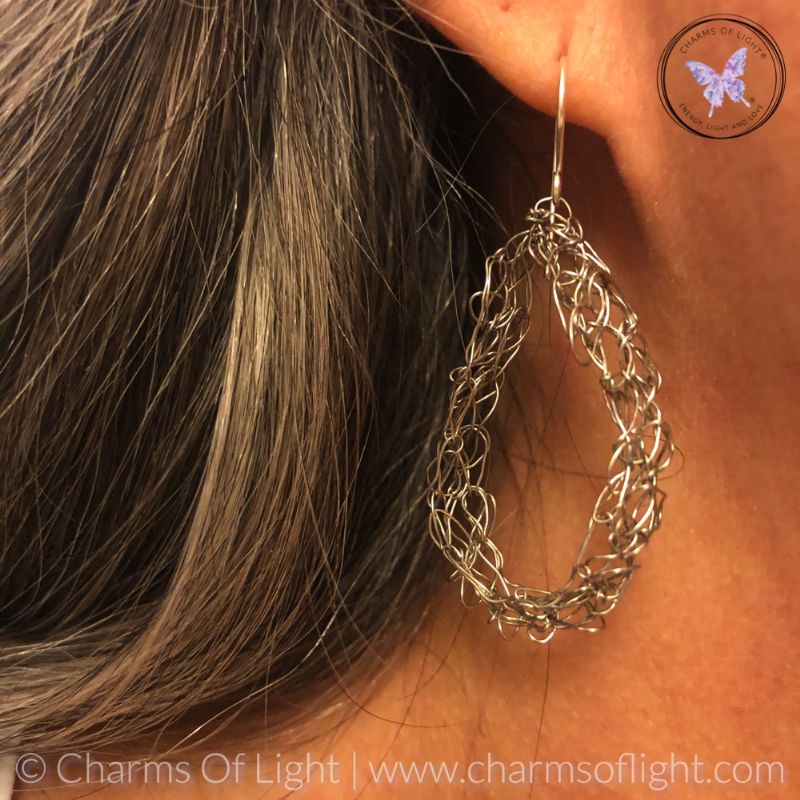 Silver Wire Crochet Teardrop Earrings